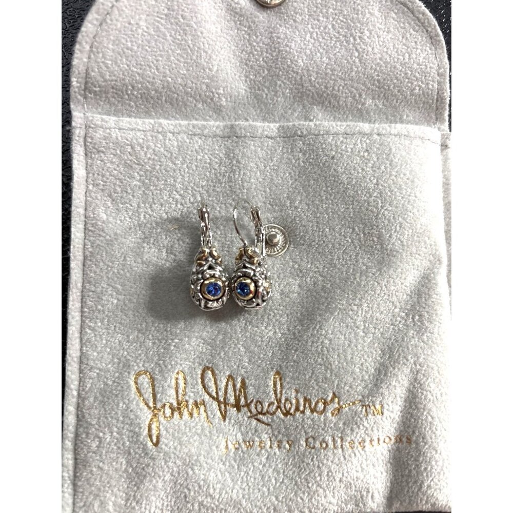 John Medeiros Women's Handcrafted Filigree Tear Drop Earrings with Blue Crystal